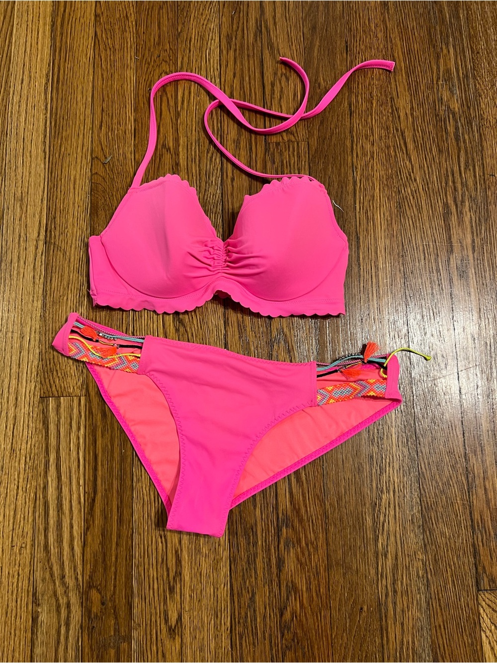 Victoria's Secret Hot Pink Halter Bikini with Multicolor Side Ties